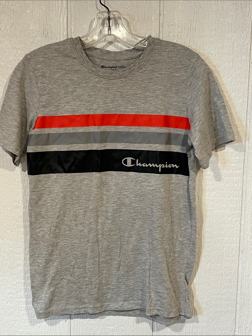 Boys Champion Gray Tee with Red, Gray & Black Chest Stripes
